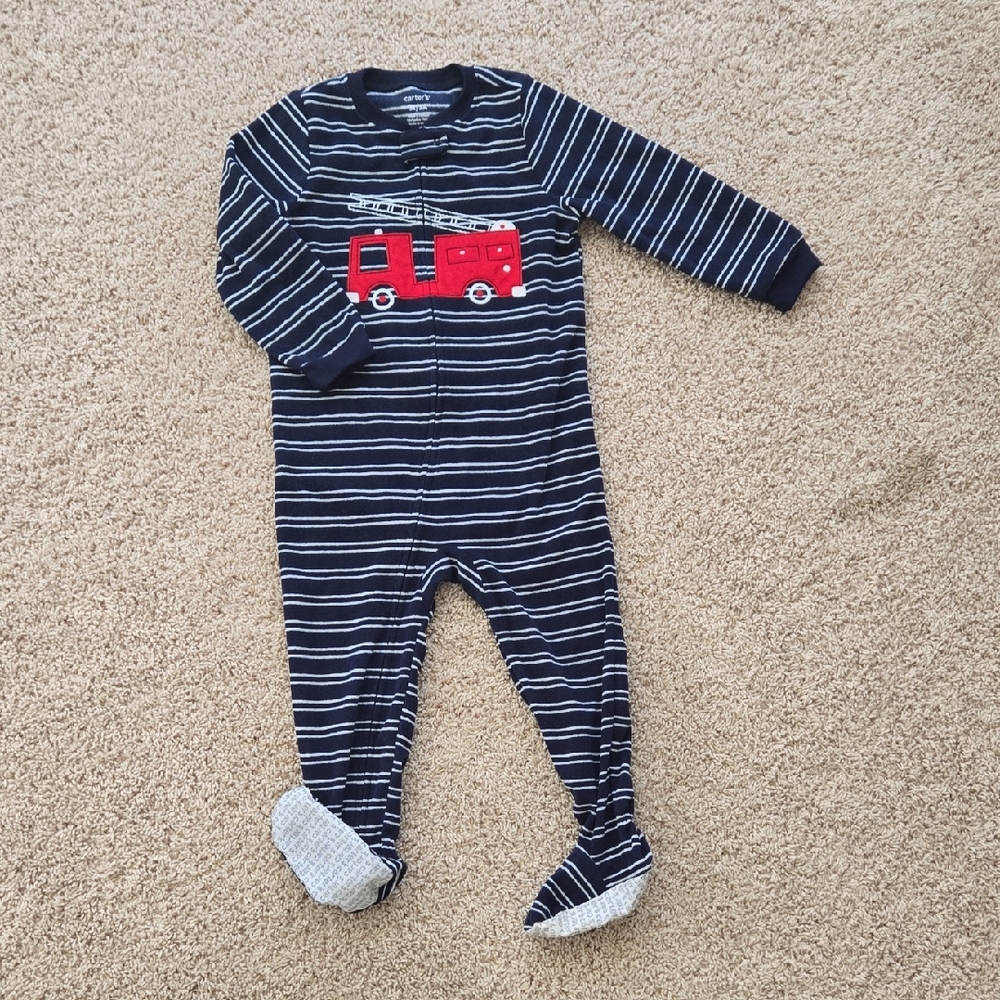 Striped Navy and Red Fire Truck Kids One Piece